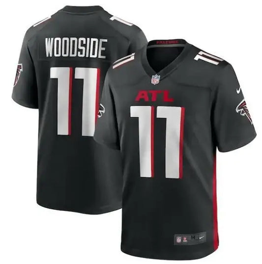 Black Atlanta Falcons jersey featuring Logan Woodside team logo and design details