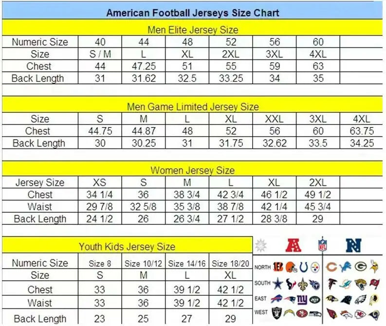 American football jersey size chart for Logan Woodside Atlanta Falcons Black jersey