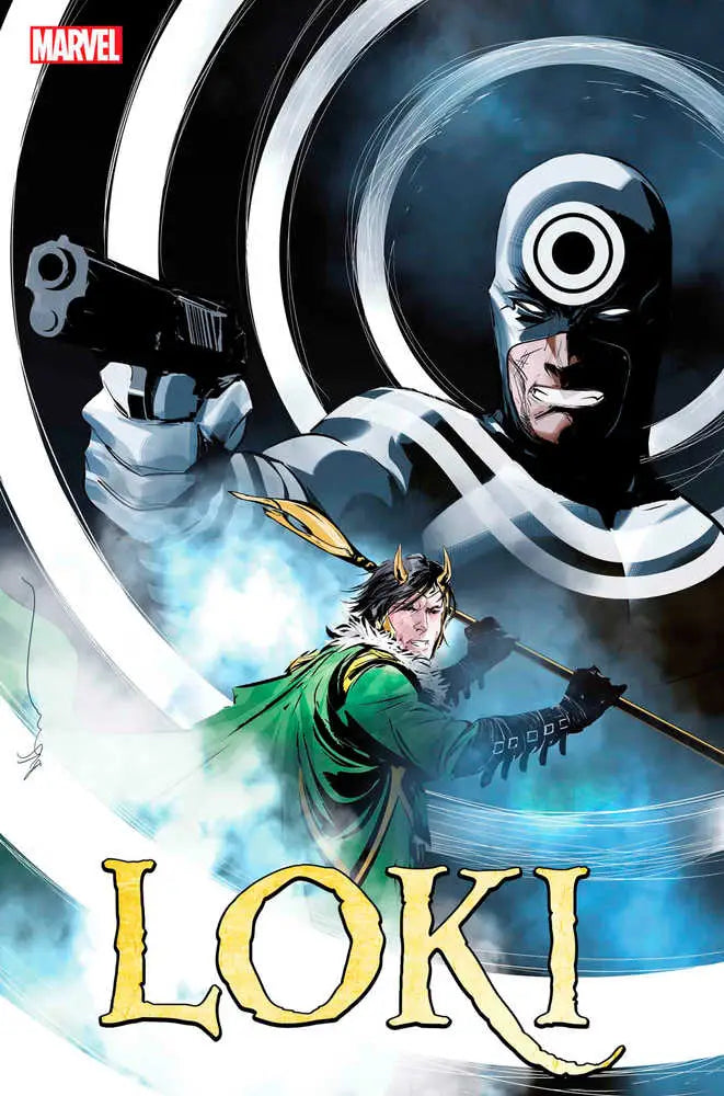 Comic book cover of Loki and Bullseye in action for Loki #4 trading cards