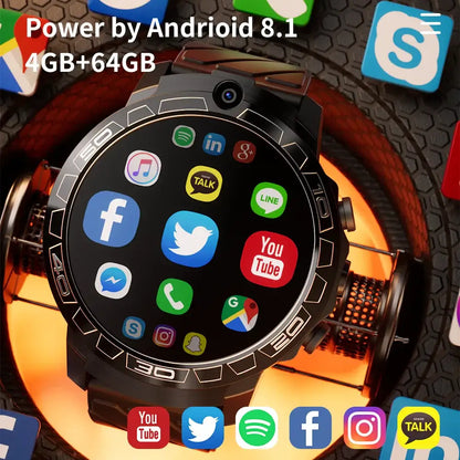 Black smartwatch with circular display showing app icons, part of LOKMAT Android 8.1 system 4G LTE 3 Pro series
