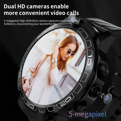 Black LOKMAT Android 8.1 4G LTE 3 Pro smartwatch with dual HD cameras, perfect for video calls and capturing moments, width 750px height