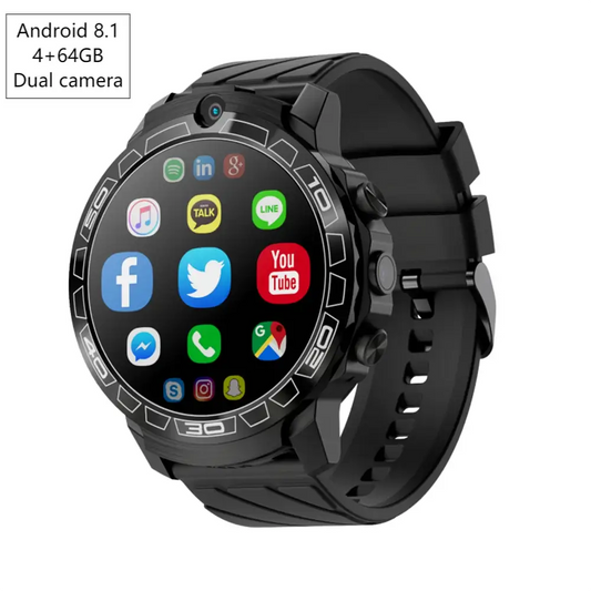 Black LOKMAT Android 8.1 4G LTE Smart Watch with round display and app icons, width 750px height