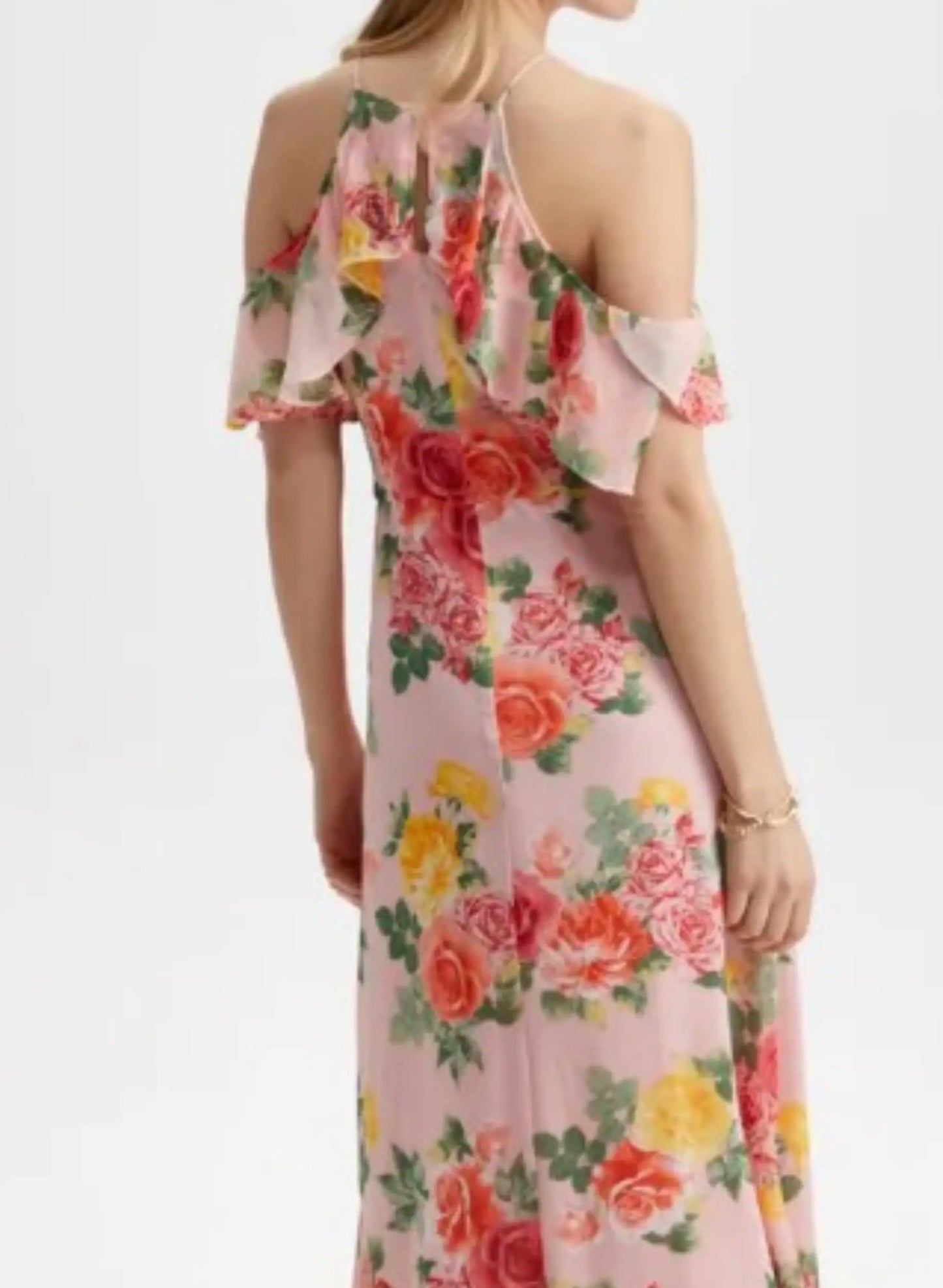Pink floral cold-shoulder maxi dress with ruffles from London Times summer collection