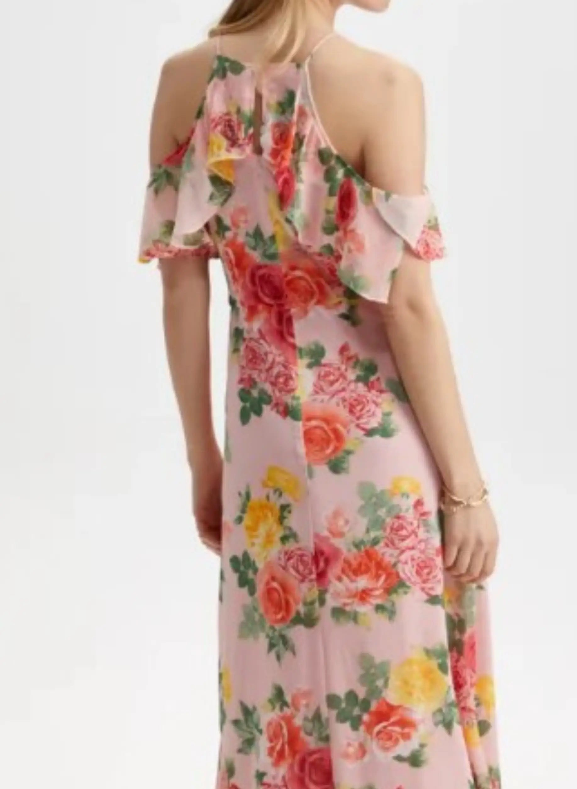 Pink floral cold-shoulder maxi dress with ruffles from London Times summer collection