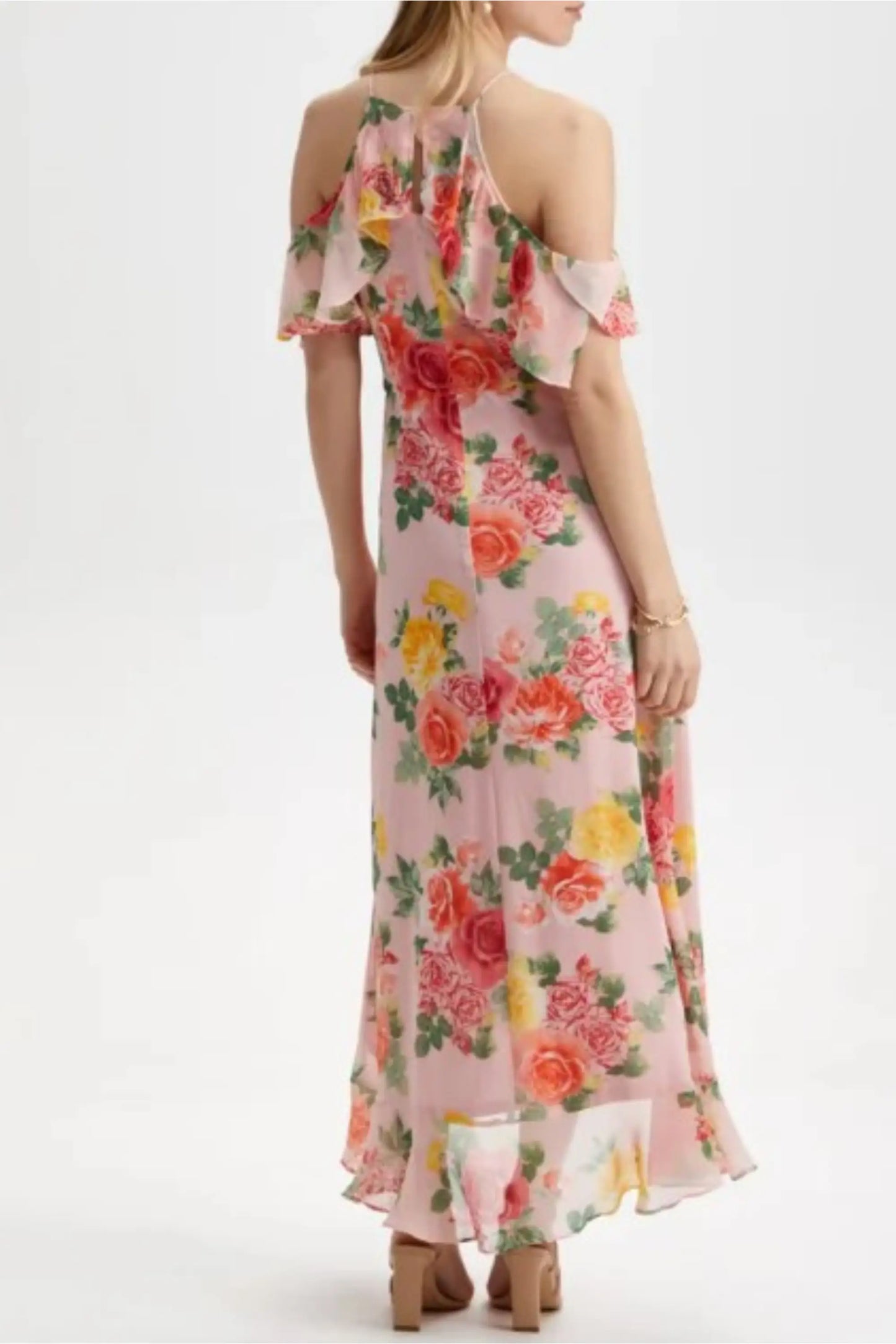 London Times light pink floral chiffon maxi dress with ruffle cold shoulders and halter neckline