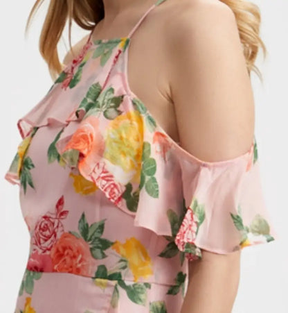 Pink floral cold-shoulder top with ruffles from London Times women’s summer apparel