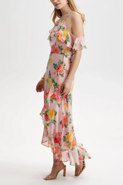 Light pink floral print ruffle maxi dress with cold shoulder design from London Times