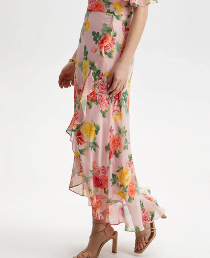 Pink floral print maxi skirt with ruffles from London Times Women’s Summer Apparel