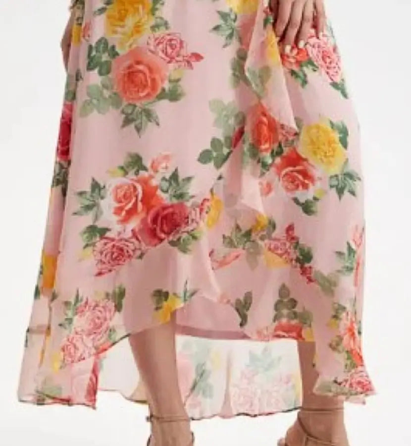 Pink floral maxi dress with ruffles from London Times floral chiffon summer collection