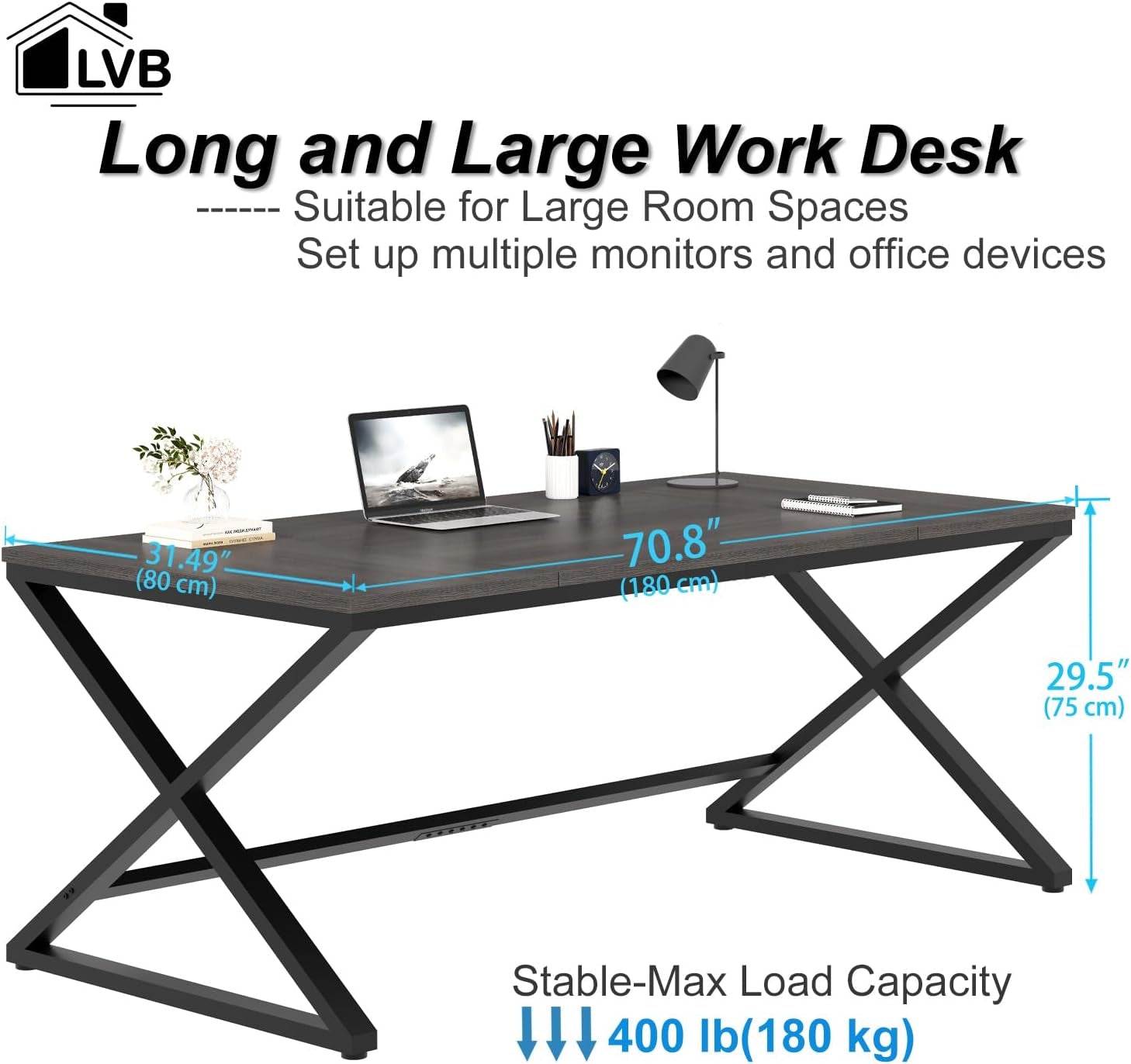 Long Computer Desk, 70.8” Large Work Desk for Home Office, Wood Metal Writing Desk Executive Workstation for Bedroom, Industrial PC Gaming Desk Computer Table for 2 Monitors, Dark Gray Oak-1