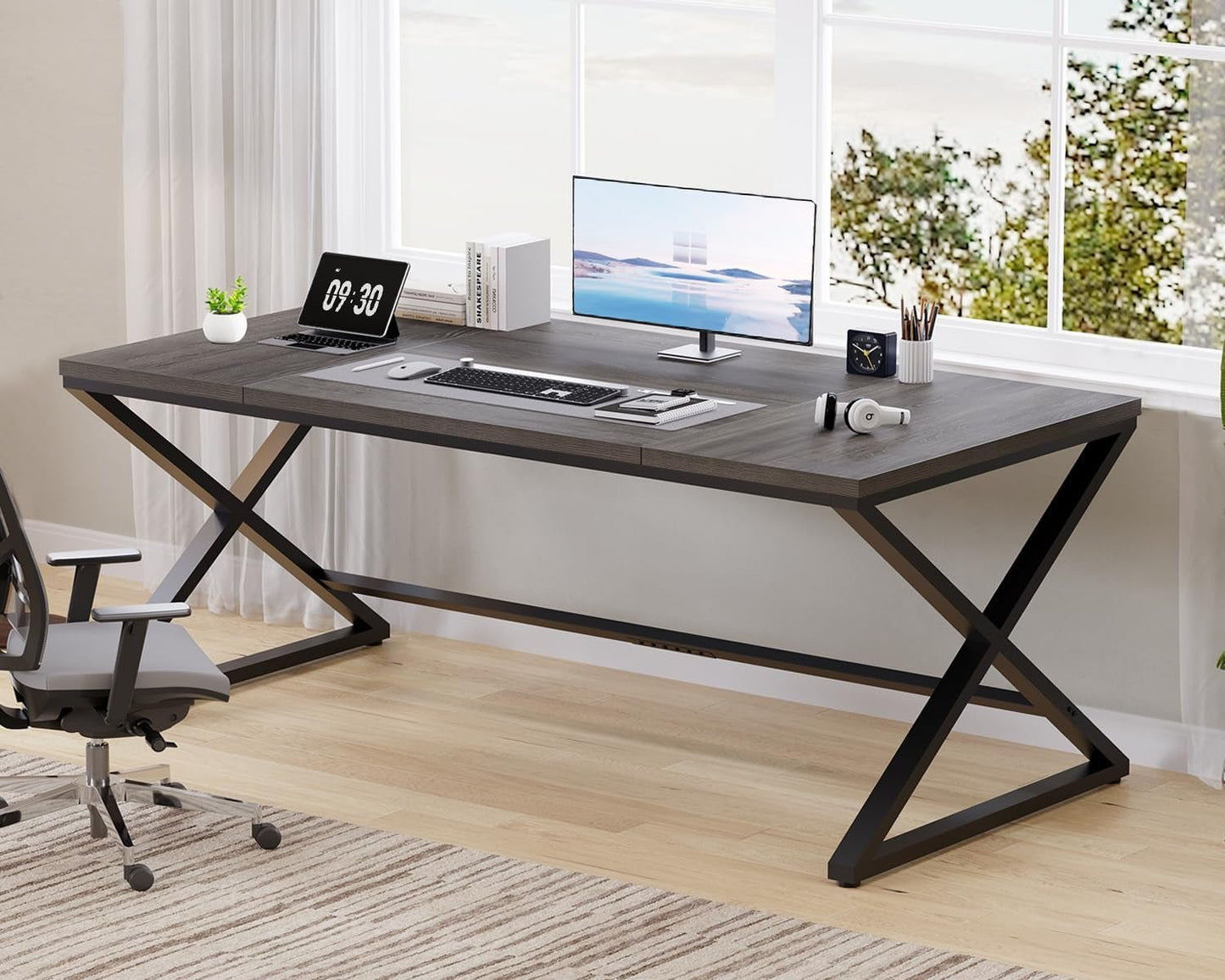 Long Computer Desk, 70.8” Large Work Desk for Home Office, Wood Metal Writing Desk Executive Workstation for Bedroom, Industrial PC Gaming Desk Computer Table for 2 Monitors, Dark Gray Oak-0