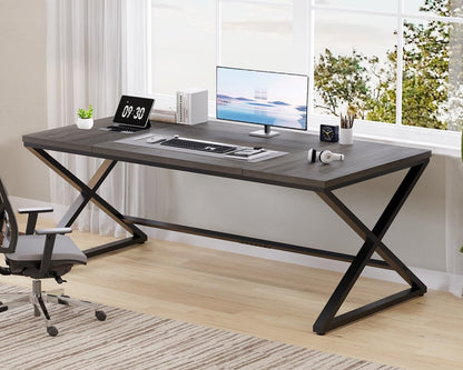 Long Computer Desk, 70.8” Large Work Desk for Home Office, Wood Metal Writing Desk Executive Workstation for Bedroom, Industrial PC Gaming Desk Computer Table for 2 Monitors, Dark Gray Oak-0