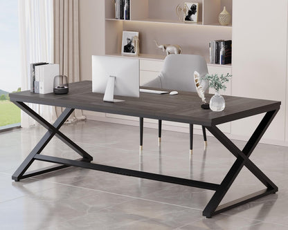 Long Computer Desk, 70.8” Large Work Desk for Home Office, Wood Metal Writing Desk Executive Workstation for Bedroom, Industrial PC Gaming Desk Computer Table for 2 Monitors, Dark Gray Oak-2