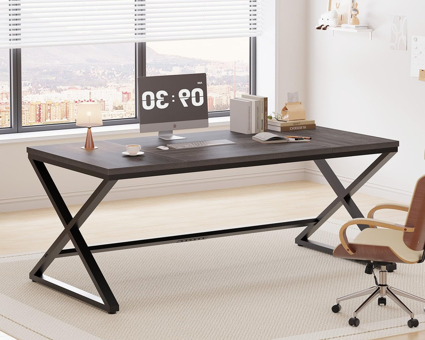 Long Computer Desk, 70.8” Large Work Desk for Home Office, Wood Metal Writing Desk Executive Workstation for Bedroom, Industrial PC Gaming Desk Computer Table for 2 Monitors, Dark Gray Oak-4