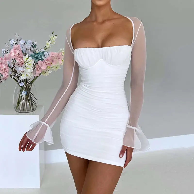 White long sleeve ruched mini bodycon dress with sweetheart neckline for business days