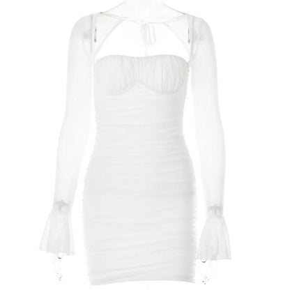 White ruched mini bodycon dress with long sleeve sheer shrug for stylish business days