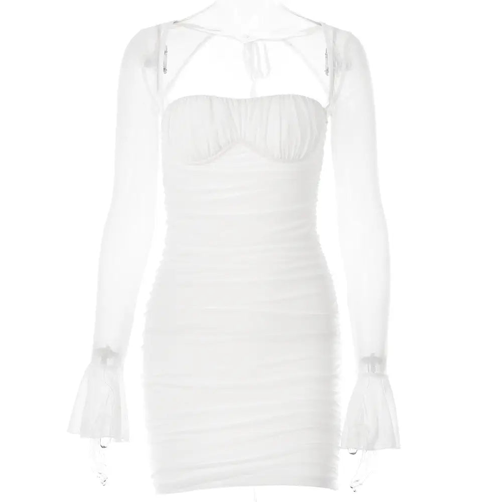 White ruched long sleeve bodycon dress with a separate shrug for stylish business days