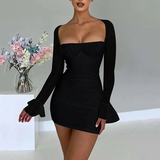 Black long sleeve high-waisted bodycon dress with square neckline and flared cuffs