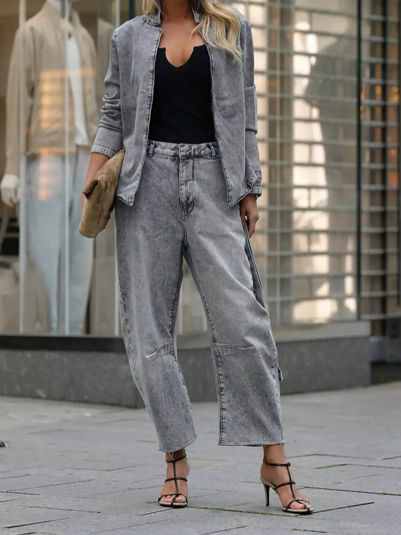 Long Sleeve Top and Wide Leg Jeans Denim Set - Jeans Denim Set