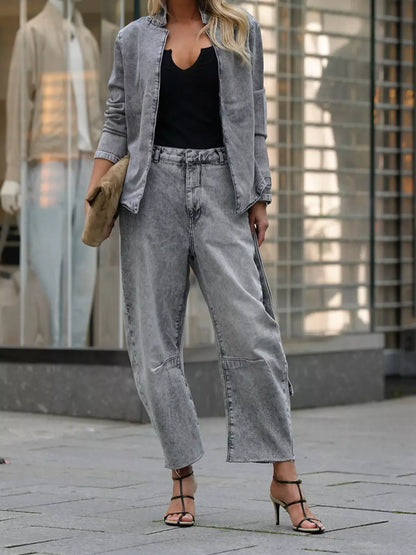 Long Sleeve Top and Wide Leg Jeans Denim Set - Jeans Denim Set