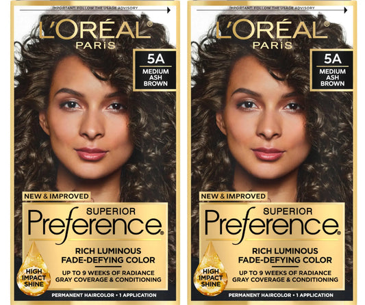 Two boxes of L’Oréal Paris Superior Preference hair dye for luminous fade-defying hair color