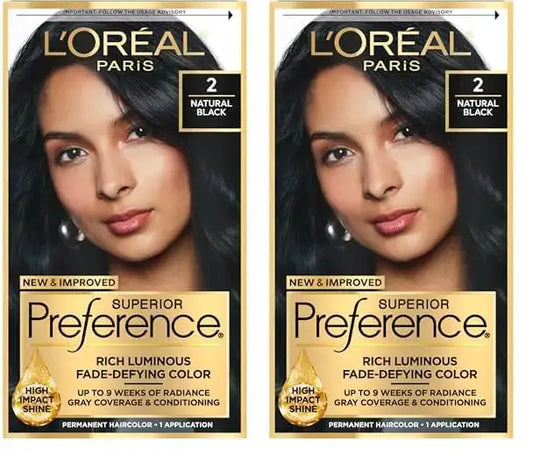 Two boxes of LOreal Paris Superior Preference permanent hair color in natural black