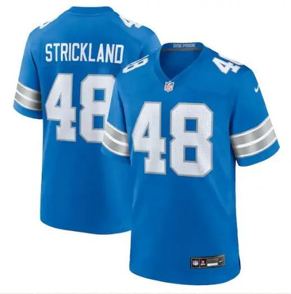 Blue Detroit Lions Nike Game Jersey with White Numbers and Name featuring Loren Strickland
