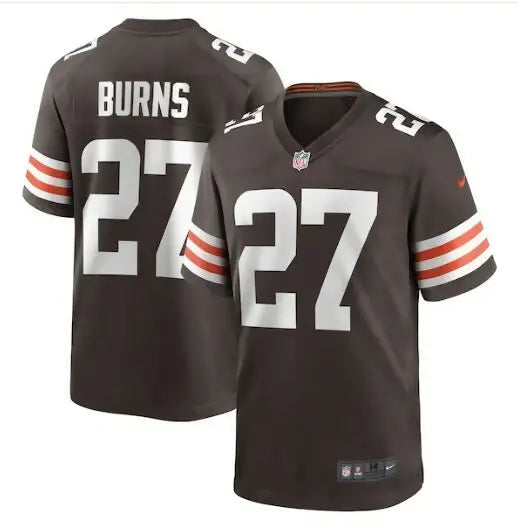Brown Lorenzo Burns Cleveland Browns Nike game jersey with white numbers and orange striped sleeves