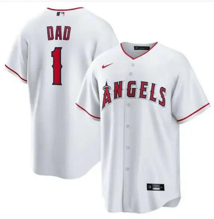 White Angels baseball jersey featuring Los Angeles Angels Nike #1 Dad Home Replica design