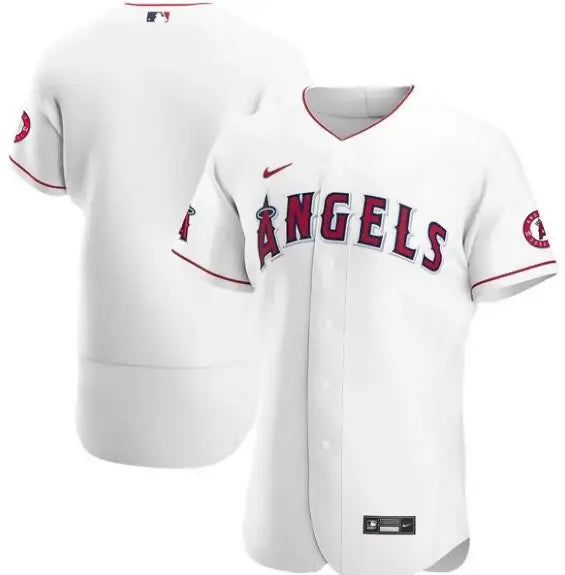 White Angels baseball jersey displayed in Los Angeles Angels Nike Home Authentic Team Jersey