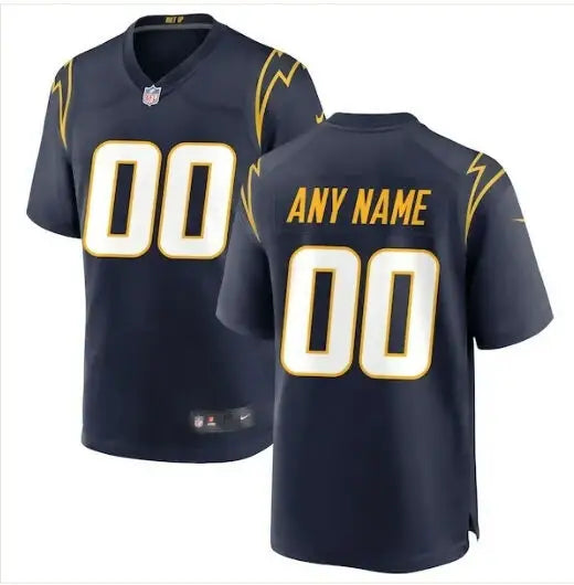 Dark blue Los Angeles Chargers Nike custom football jersey with white numbers and yellow trim
