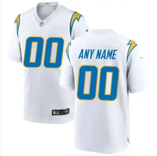 White Los Angeles Chargers Nike custom game jersey with blue and gold accents and 00 number