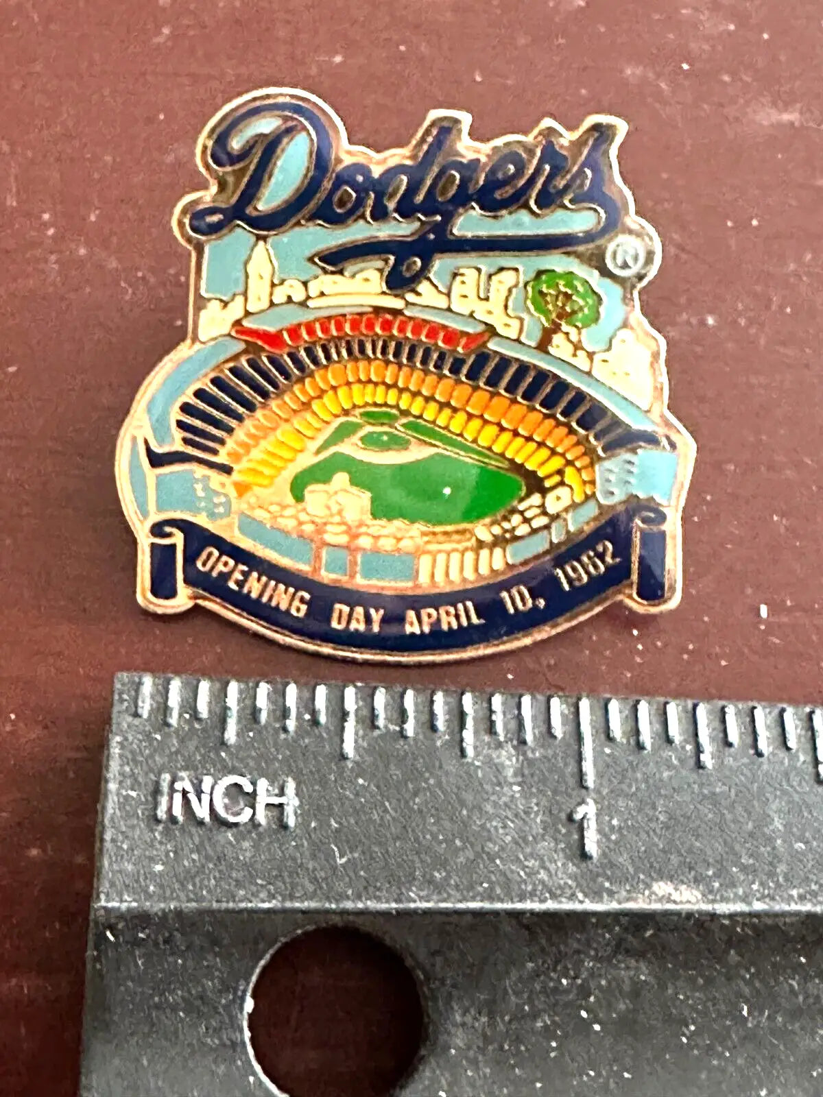 Vintage Los Angeles Dodgers baseball stadium enamel pin from Dodger Stadium April 1962