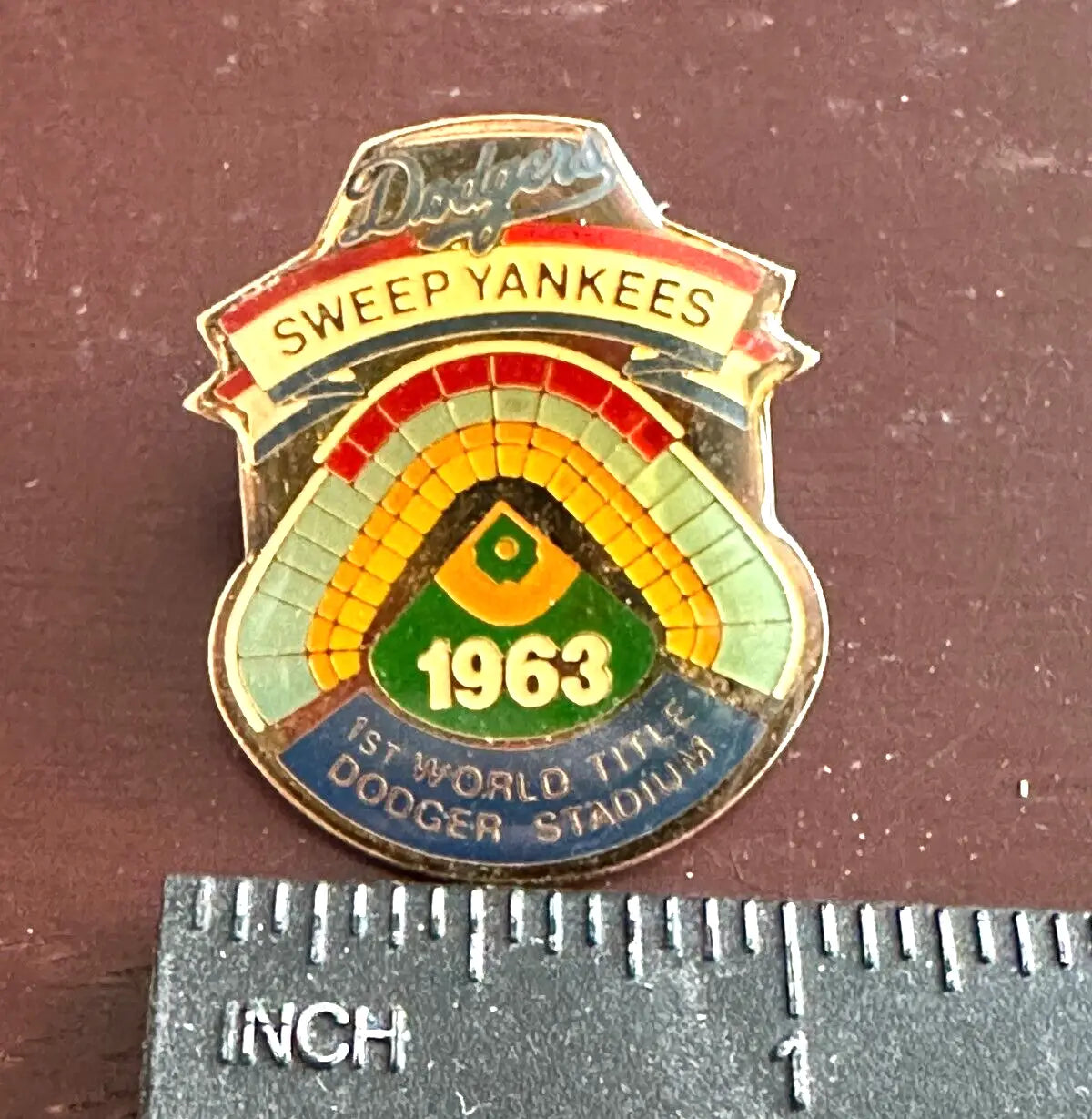 Vintage Los Angeles Dodgers 1963 World Series pin celebrating the Dodgers sweep of the Yankees