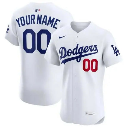 White Dodgers baseball jersey displayed in Los Angeles Dodgers Nike Home Elite Custom Jersey