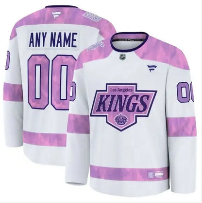 White Los Angeles Kings 2024 Hockey Fights Cancer practice jersey with purple and pink accents