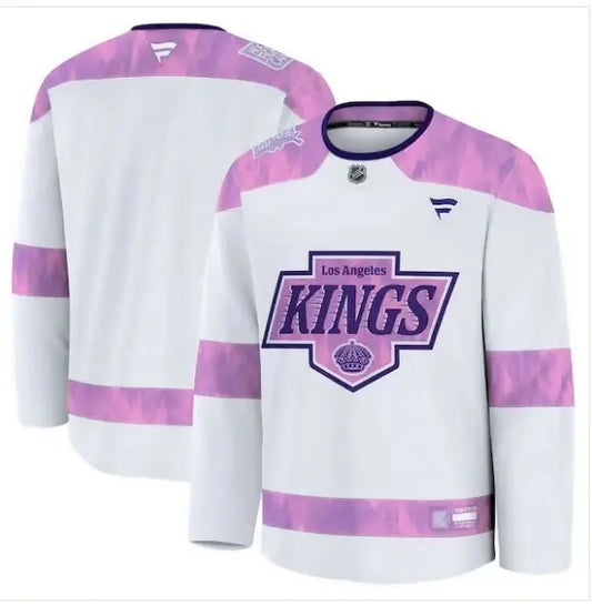 White Los Angeles Kings 2024 Hockey Fights Cancer practice jersey with purple and pink accents