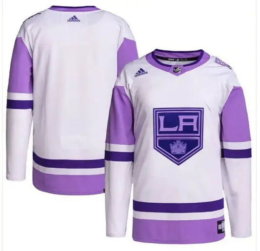 White and purple Los Angeles Kings adidas Hockey Fights Cancer Primegreen practice jersey