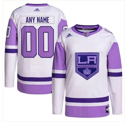 White and purple Los Angeles Kings hockey jersey with LA crown logo and custom name and number
