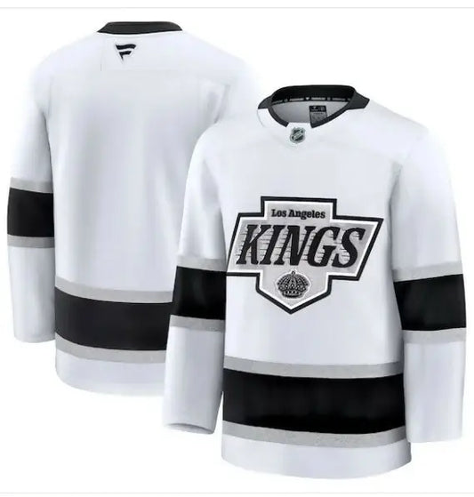 White Los Angeles Kings away premium hockey jersey with black and silver accents