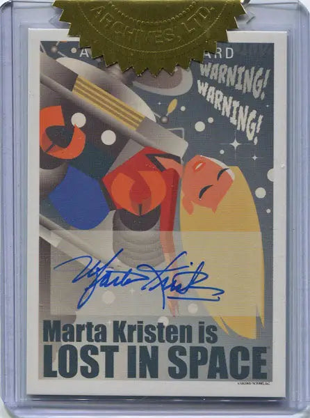 Signed trading card of retro Lost in Space poster with character art autograph by Marta Kristen