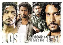 Promotional poster for Lost featuring male characters on a Lost promo card