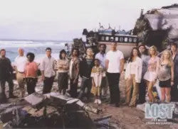 Group of people on rocky beach featured on Lost TV Season 1 promo card design