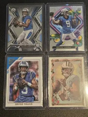 Four Bryce Young rookie football cards including 2024 Topps RC Chrome, Allen & Ginter