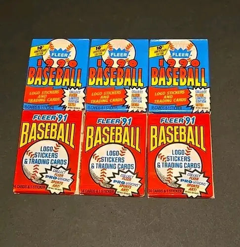 Vintage baseball card packs from Fleer 90 and 91 showcasing classic baseball card packs