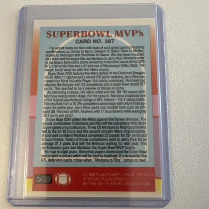 Collectible football card featuring Jerry Rice, Joe Montana, and Ronnie Lott in protective sleeve