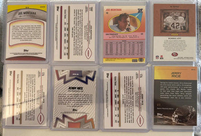 San Francisco 49ers trading cards featuring Jerry Rice, Joe Montana, and Ronnie Lott