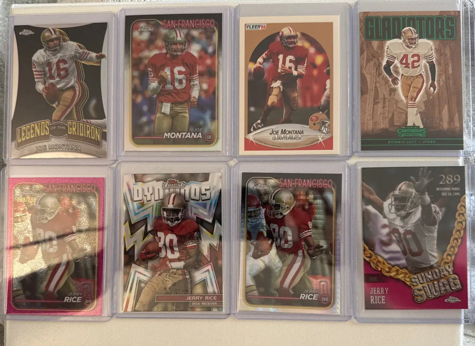 Collection of encased 49ers football cards featuring Jerry Rice Joe Montana and Ronnie Lott