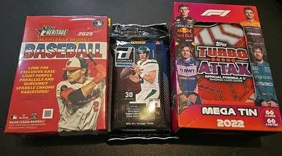 Sports trading card boxes and packs featuring baseball, Football, and F1 cards
