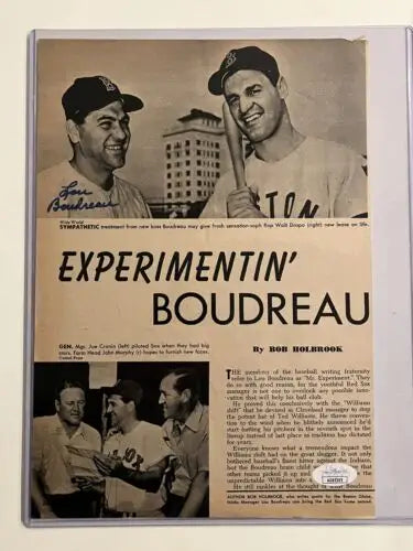 Vintage baseball newspaper article featuring Lou Boudreau Auto and Indians 8x10 autograph